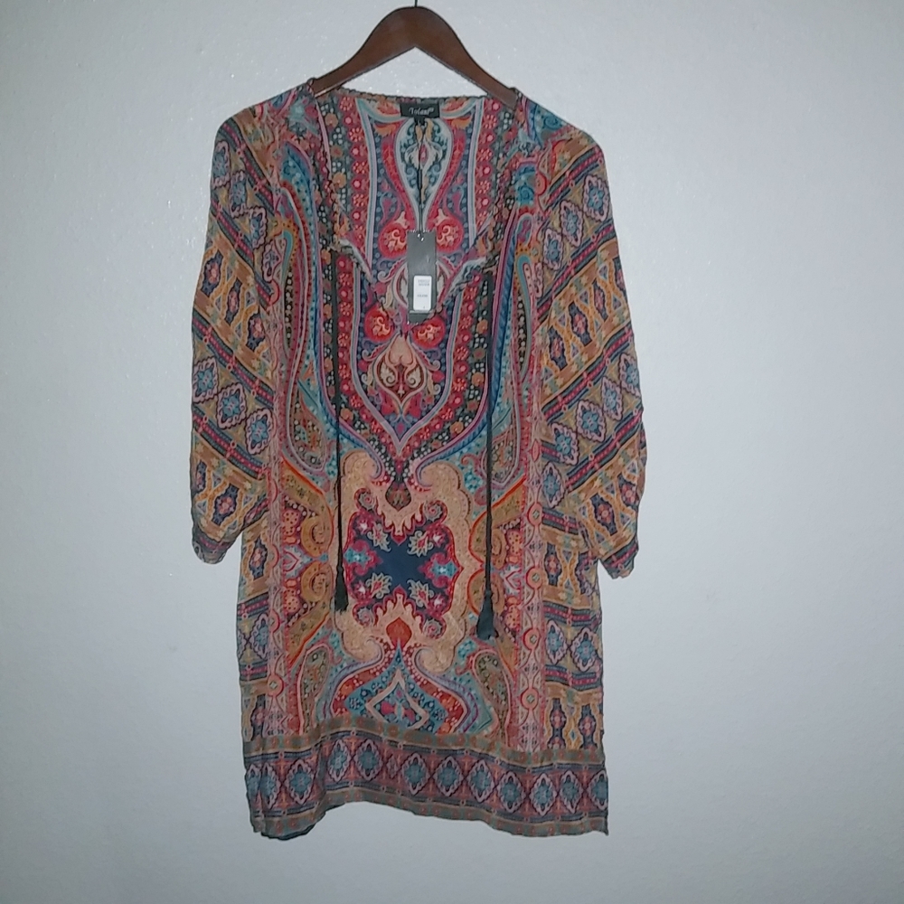 Tolani NOVA L Silk Boho Paisley Rich Colors Caftan Dress in Turquoise n Red - Picture 6 of 11